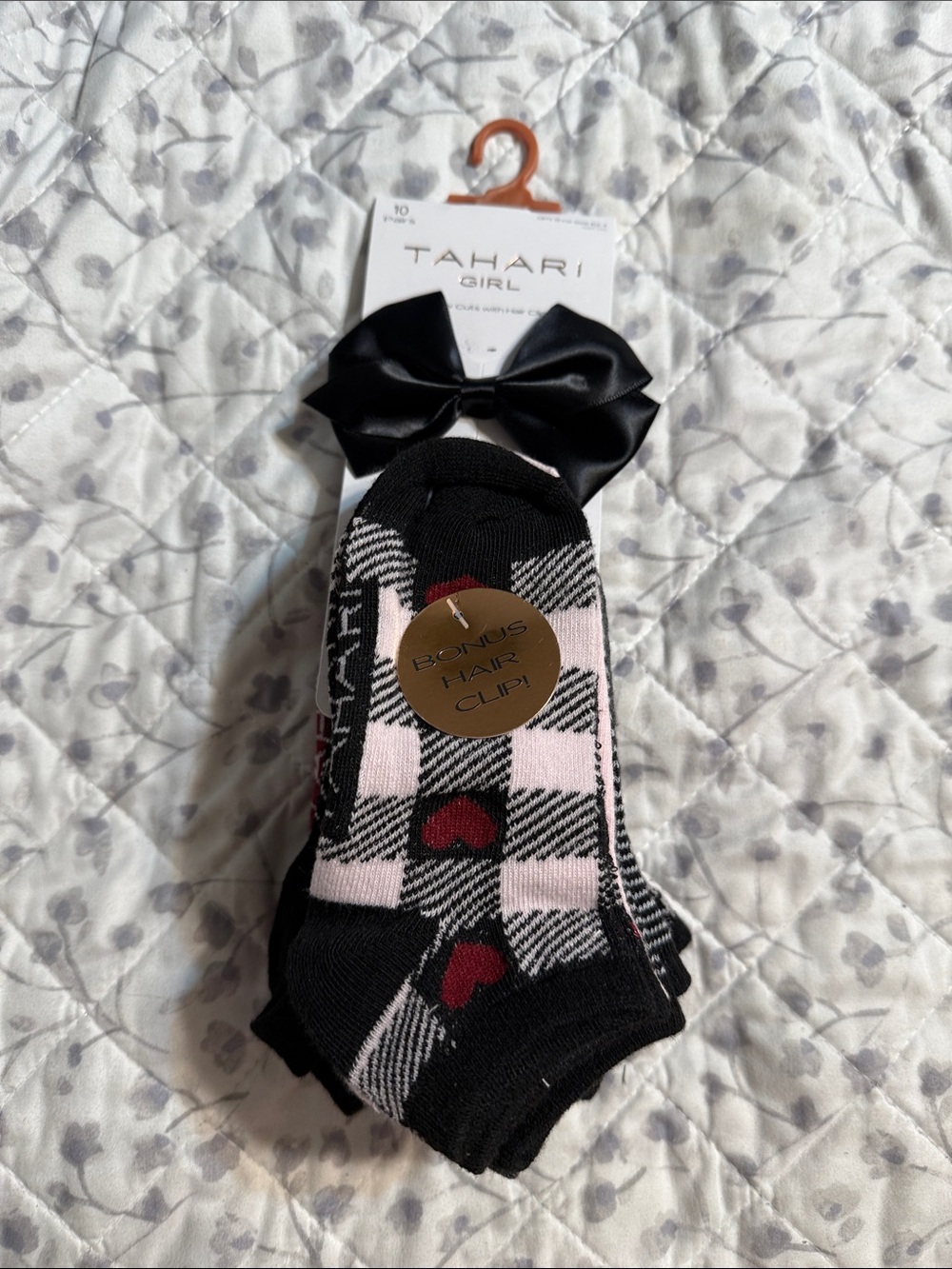 Tahari Black Plaid No-Show Socks with Pink Accents and Red Hearts